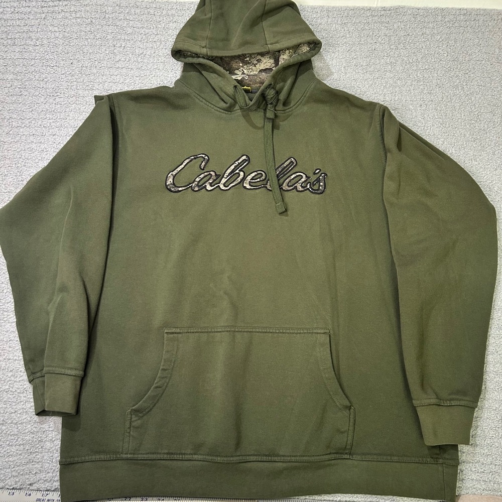 Cabela's‎ Hoodie Pullover XLT Olive Green Camo Logo Gorpcore Hunting Outdoors